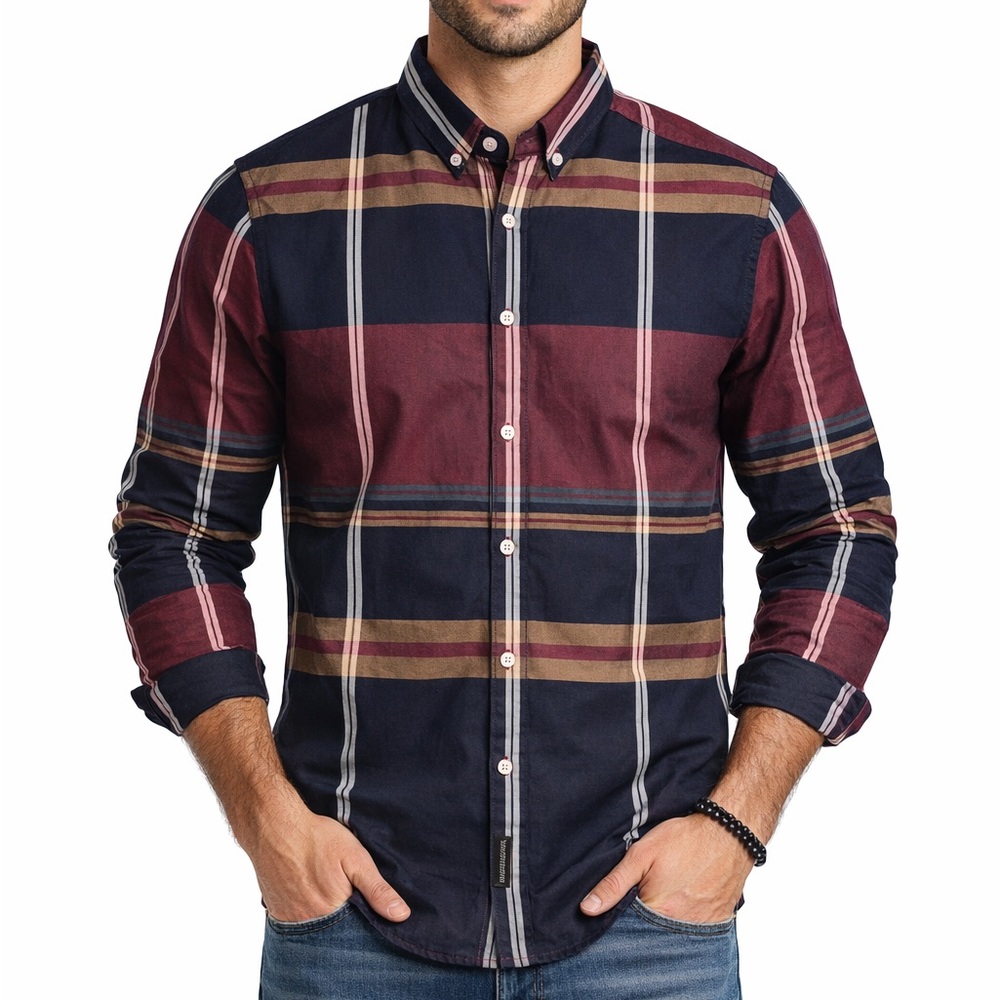 Men’s Large 7 Diamonds Preppy Navy/Maroon Winterberry Tartan Plaid Button Up
